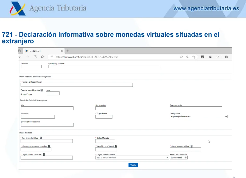 a partir de que cantidad hay que declarar criptomonedas Modelo 721. Fuente: Agencia Tributaria