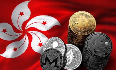 Criptomonedas sobre la bandera de Hong Kong