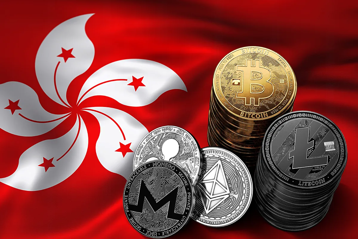 Criptomonedas sobre la bandera de Hong Kong