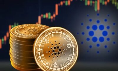 MOnedas de Cardano y fondo de grafíco de precios