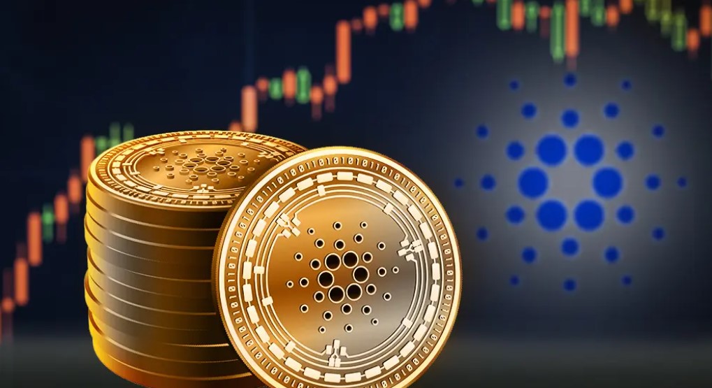 MOnedas de Cardano y fondo de grafíco de precios